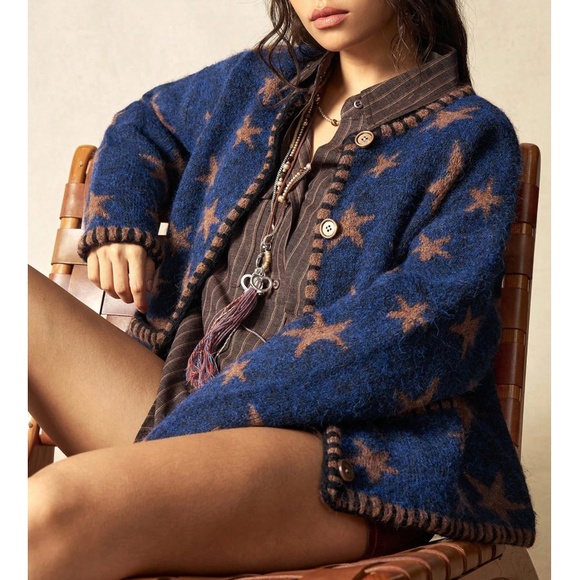 Cozy Star Print Button Down Oversized Cardigan - Picture 2 of 4